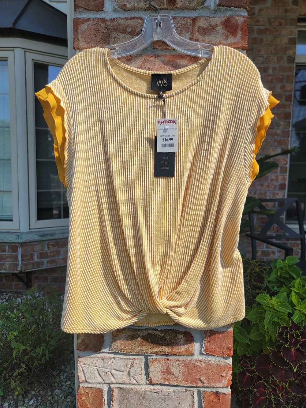 Women's W5 Yellow and White Striped Knot-Front Short Sleeve Top